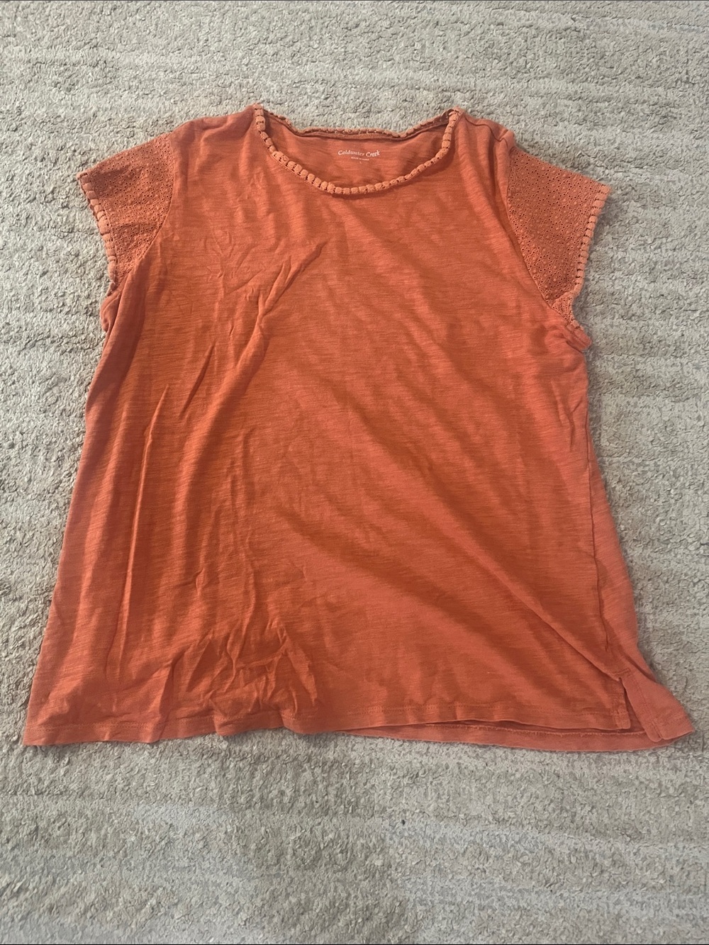 Coldwater Creek Rust Orange Boho Crochet-Sleeve Feminine 100% Cotton Tee Large